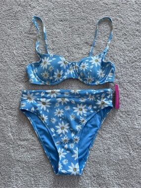 Blue Daisy Print Balconette Bikini Set